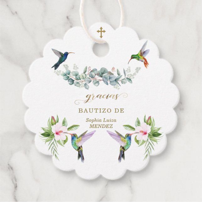 Rosa Hibiscus Flowers Eucalyptus Bautizo Gåvor Etiketter (Framsida)