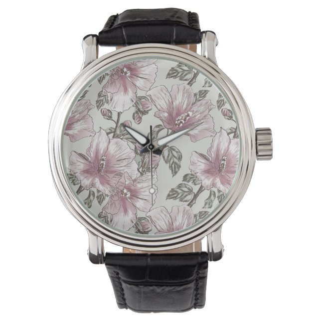 Rosa Hibiscus Flowers Mönster Armbandsur (Framsida)