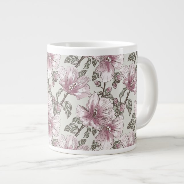 Rosa Hibiscus Flowers Mönster Jumbo Mugg (Framsida höger)