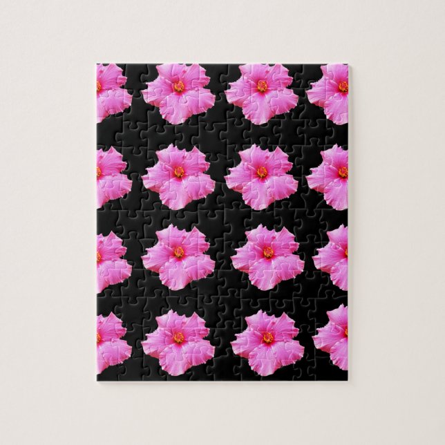 Rosa Hibiscus Flowers on Black,_ Pussel (Vertikal)