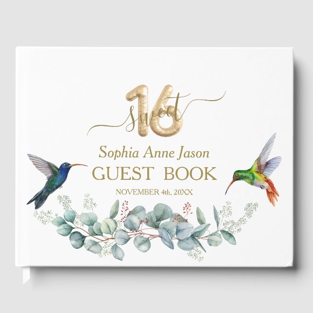 Rosa Hibiscus Hummfåglar Guld Söta 16 födelsedagar Gästböcker (Framsida)