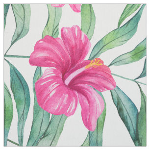 Rosa hibiscus med grönt löv tropiska mönster tyg