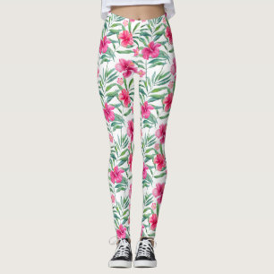 Rosa hibiscus med löv tropiska mönster leggings