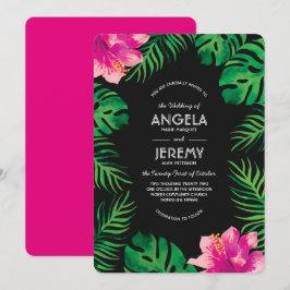 Rosa Hibiscus och Tropiska Löv Bröllop Inbjudningar