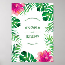 Rosa Hibiscus och Tropiska Löv Bröllop Poster