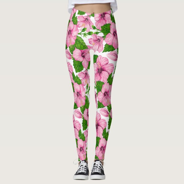 Rosa hibiscus vattenfärg mönster leggings (Framsida)