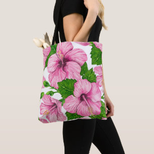 Rosa hibiscus vattenfärg mönster tygkasse