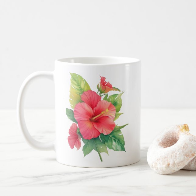 Rosa Hibiscus Watercolor Flowers Kaffemugg (Med munk)