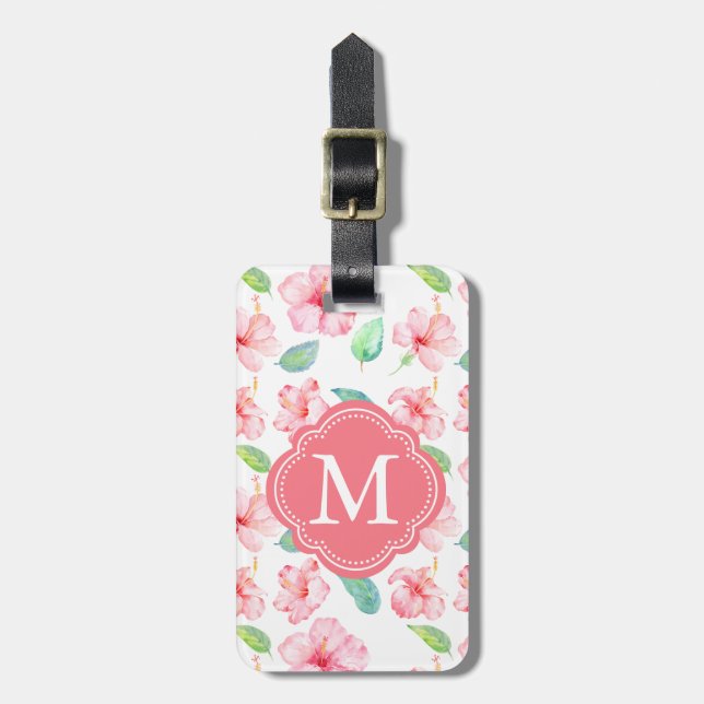 Rosa Hibiscus Watercolor Flowers Monogram Bagagebricka (Vertikal Framsida)