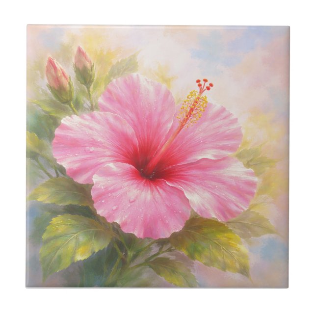 Rosa Hibiskus - Målning Stil Konst Kakelplatta (Framsidan)
