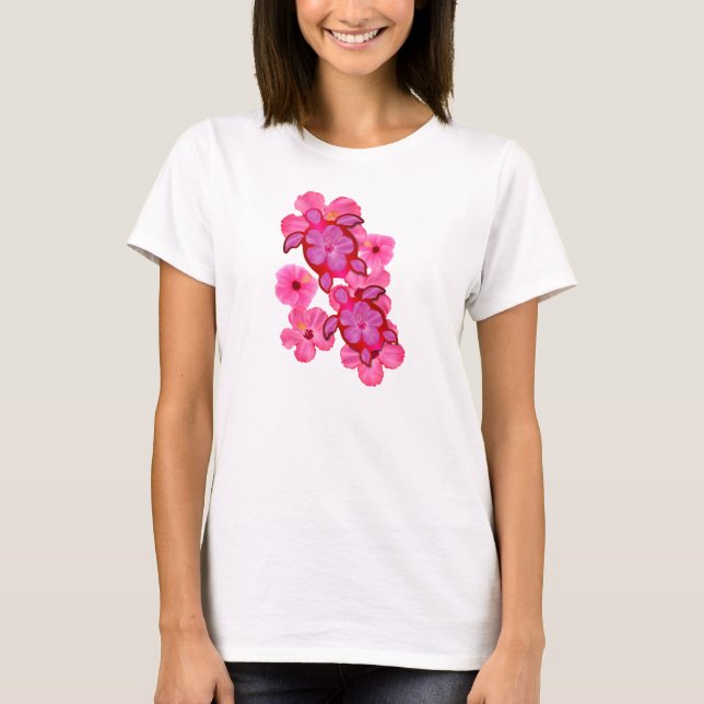 Rosa hibiskus och Honu sköldpaddor Tee Shirt (Framsida)