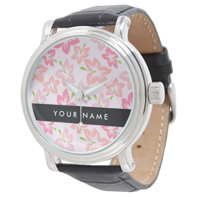 Rosa Hibiskus, Rosa Blommor, Ditt Namn Armbandsur (Vinklad)