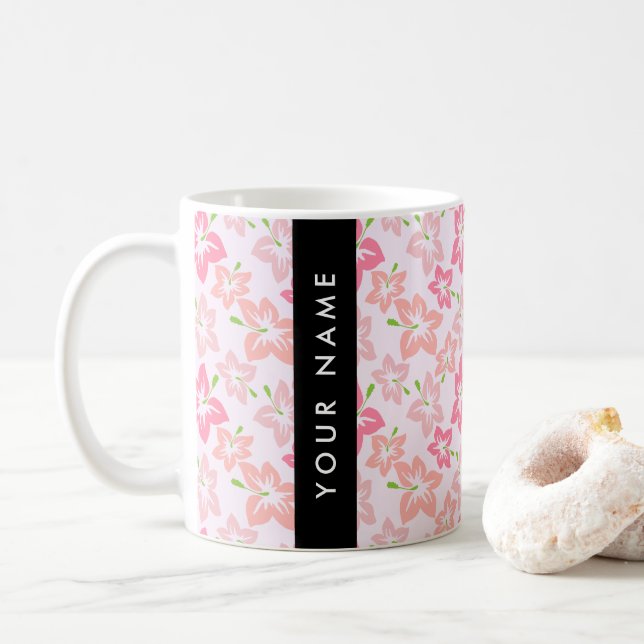 Rosa Hibiskus, Rosa Blommor, Ditt Namn Kaffemugg (Med munk)