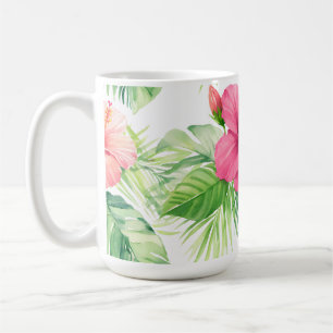 Rosa Hibiskus Tropisk Palm Akvarell Kaffemugg