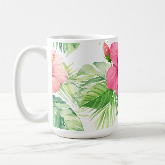 Rosa Hibiskus Tropisk Palm Akvarell Kaffemugg (Vänster)