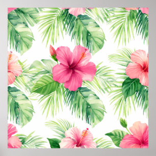 Rosa hibiskus tropisk palm akvarell poster