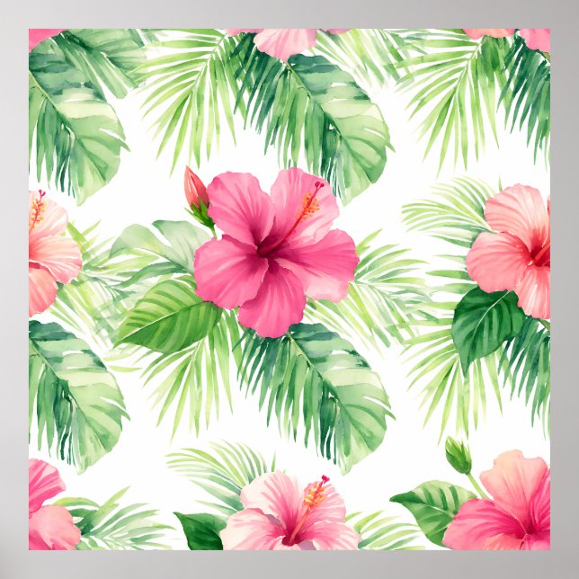Rosa hibiskus tropisk palm akvarell poster (Framsidan)