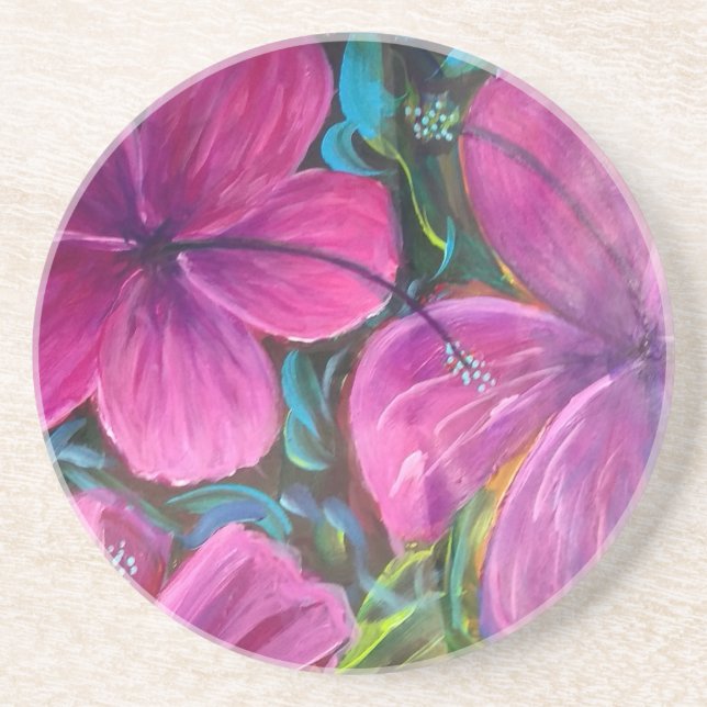 Rosa Hibiskusblommor målning Coaster Underlägg (Framsidan)