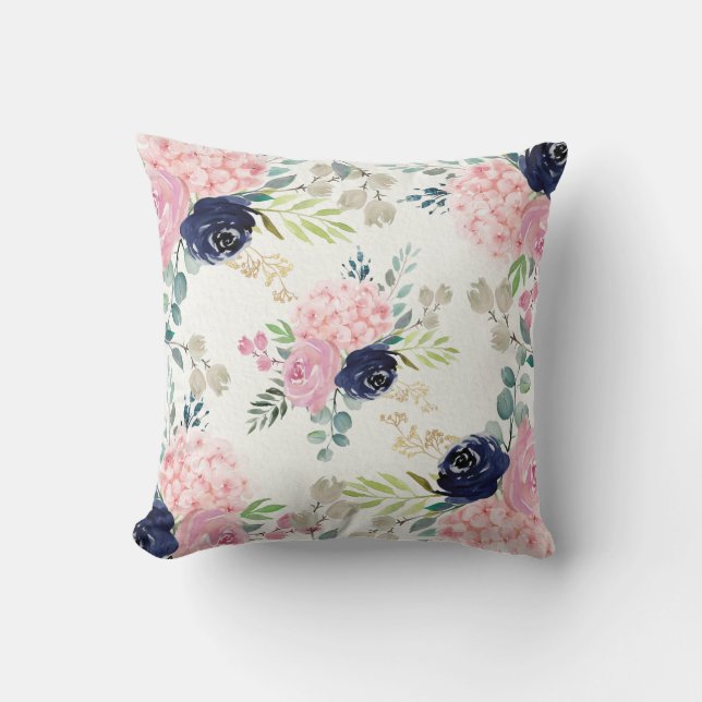  Rosa Hidrangea, marin blå blommigt Pillow Kudde (Framsida)