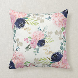 Rosa Hidrangea, marin blå blommigt Pillow Kudde