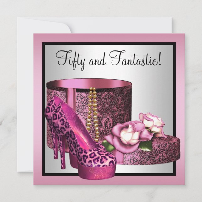 Rosa High Heel Shoes Womans Leopard 50:e födelseda Inbjudningar (Framsida)