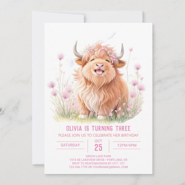 Rosa Highland Cow Äventyr Girl Birthday Inbjudningar (Framsida)