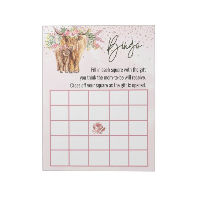 Rosa Highland Cow Baby Shower Bingo Game Antecknin Anteckningsblock (Roterad)