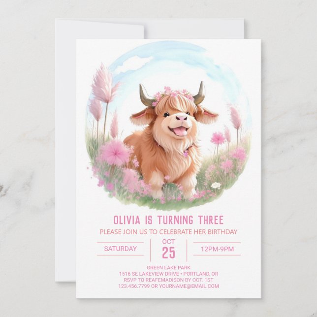 Rosa Highland Cow Farmyard Magic Birthday Inbjudningar (Framsida)