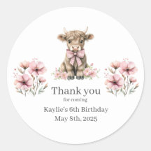 Rosa Highland Cow Födelsedagsfest Tack Sticker