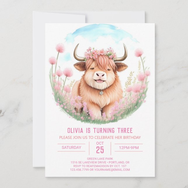 Rosa Highland Cow Girl's Birthday Inbjudningar (Framsida)