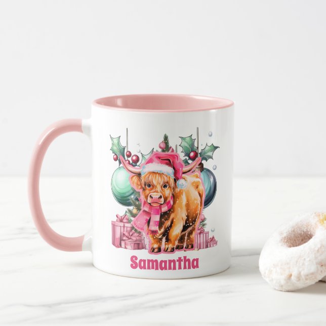 Rosa Highland Cow jul Kids Hett Chocolate Mugg (Med munk)