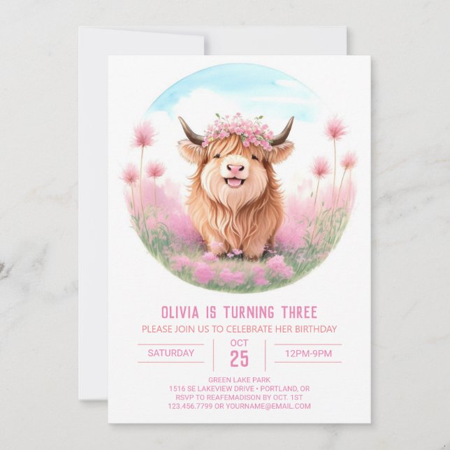 Rosa Highland Cow Meadow Magic Birthday Inbjudningar (Framsida)