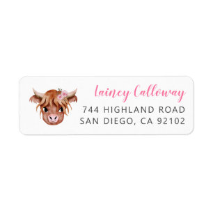 Rosa Highland Cow Return-adressetikett Returadress Etikett