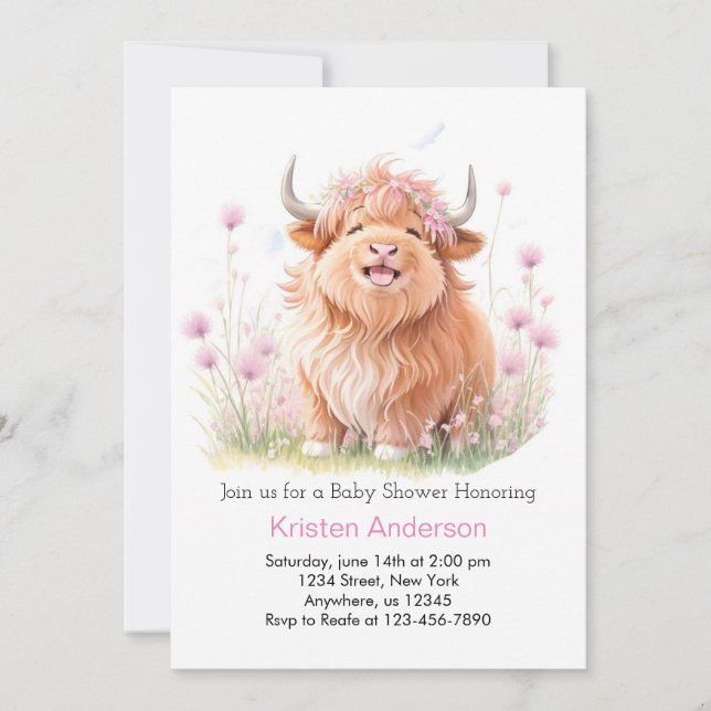 Rosa Highland Cow WildblommGirl Baby Shower Inbjudningar (Framsida)