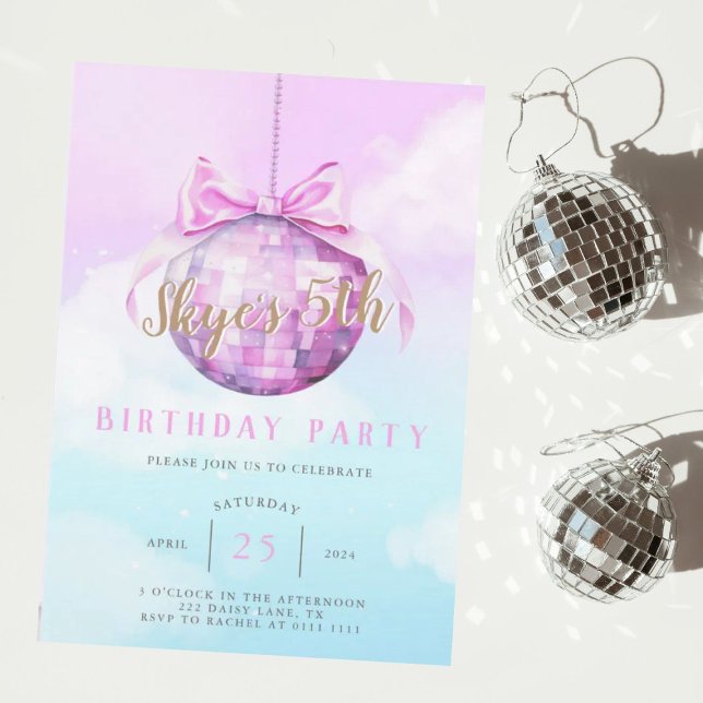 Rosa Himlar Discoball Girl Birthday-inbjudan Inbjudningar (Pink Discoball Y2K Girl Birthday )