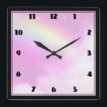 Rosa Himlar med Lemon Gult Rainbow Fyrkantig Klocka<br><div class="desc">En klocka med vacker bakgrund. En rosa pastel himlar med fluffy clouds och en färgad citronbåge. Magisk och vismisk design.</div>