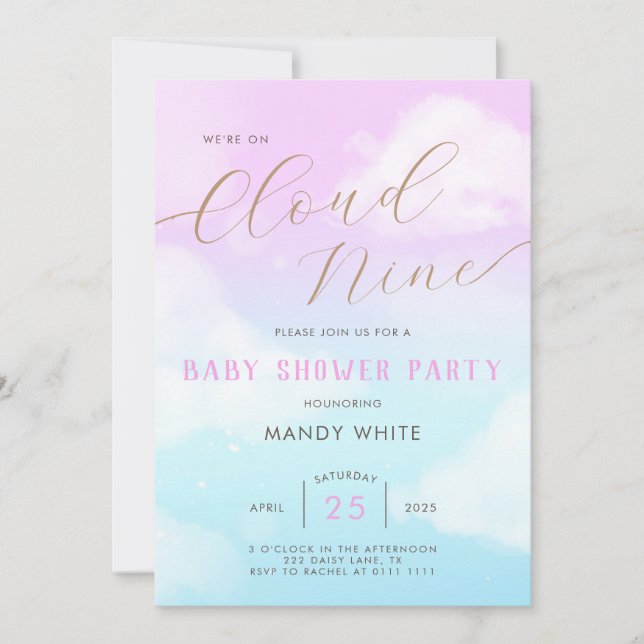 Rosa Himmel Cloud Nine Baby Shower-inbjudan Inbjudningar (Framsida)