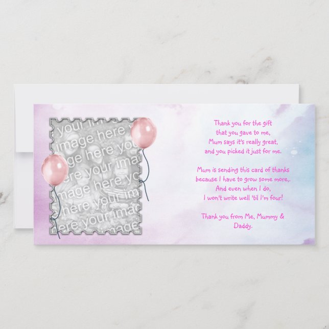 Rosa himmeltackkort från flicka tack kort (Framsida)