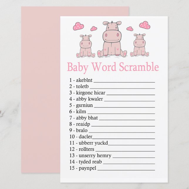 Rosa Hippo Baby ord scramble-spel (Fram/baksida)