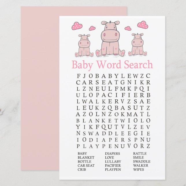 Rosa Hippo Baby Shower Ord Search-spel (Fram/baksida)