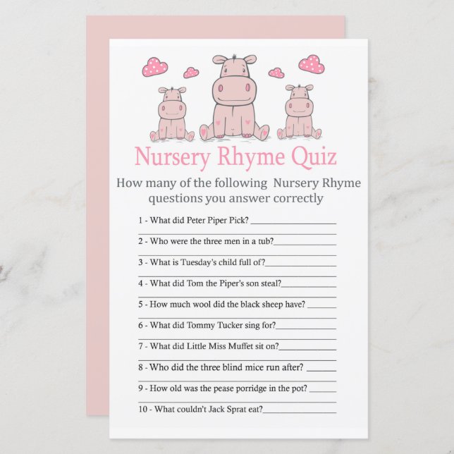 Rosa Hippo Nursery Rhyme Quiz babyduschspel för ba (Fram/baksida)