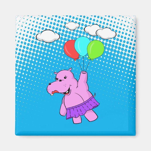 Rosa Hippo som flyger med ballonger Magnet (Framsidan)