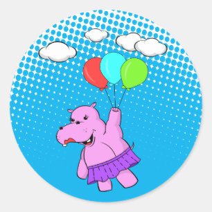Rosa Hippo som flyger med ballonger Runt Klistermärke
