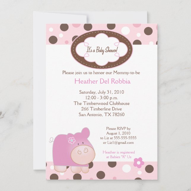 Rosa Hippo Trendig Dot Baby Shower-inbjudan 5 x 7 Inbjudningar (Framsida)