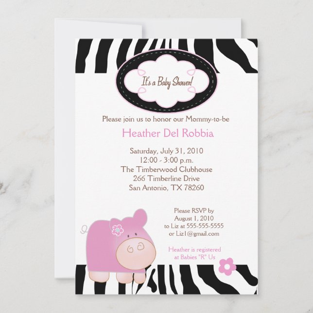Rosa Hippo Zebra Rand Baby Shower-inbjudan 5 x 7 Inbjudningar (Framsida)