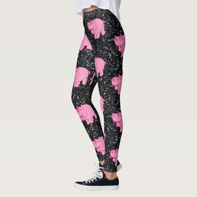 Rosa Hippos Cute Hippopotamus som ler Ansikte Leggings (Vänster)