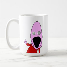 Rosa hjärntvättad docka pekar kaffemugg