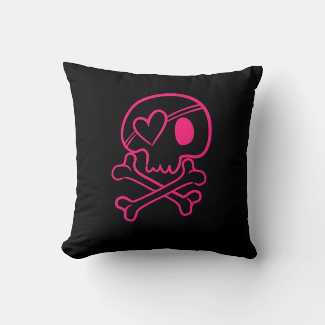 Rosa Hjärt Skull och Crossbone Pillow Kudde (Framsida)