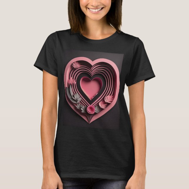 Rosa hjärta 3D-papper konst design t-shirt (Framsida)
