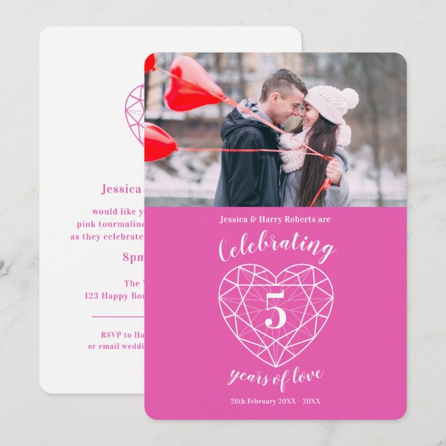 Rosa hjärta årsdag 5 år foto inbjudan (Fram/baksida)